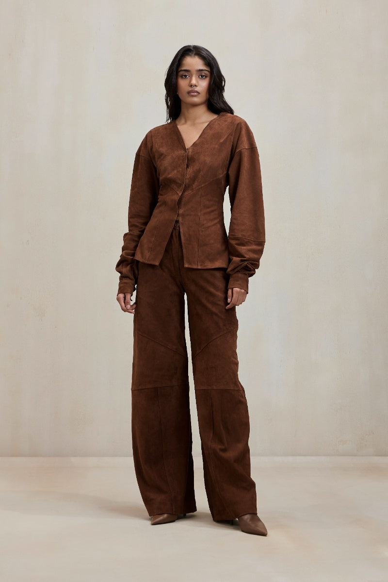Deme By Gabriella Chelsea co-ord set in chocolate brown, featuring matching top and pants with a stylish, coordinated look.