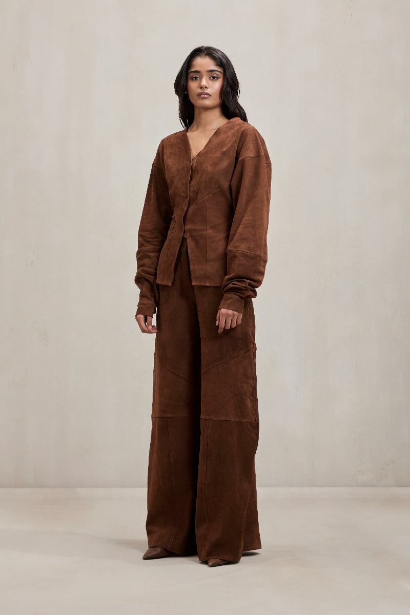Deme By Gabriella Chelsea co-ord set in chocolate brown, featuring matching top and pants, styled for a casual yet chic look.