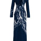 Gown by GVLUX featuring a hand-painted blue tuxedo dress with intricate pattern, stylish and elegant evening wear.
