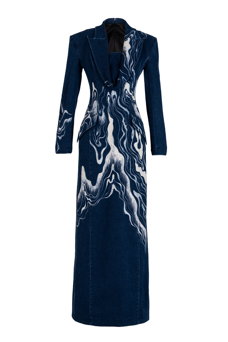 Blue GVLUX tuxedo dress with hand-painted pattern, elegant maxi dress featuring a stylish and artistic design.