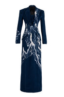 Gown by GVLUX featuring a hand-painted blue tuxedo dress with intricate pattern, stylish and elegant evening wear.