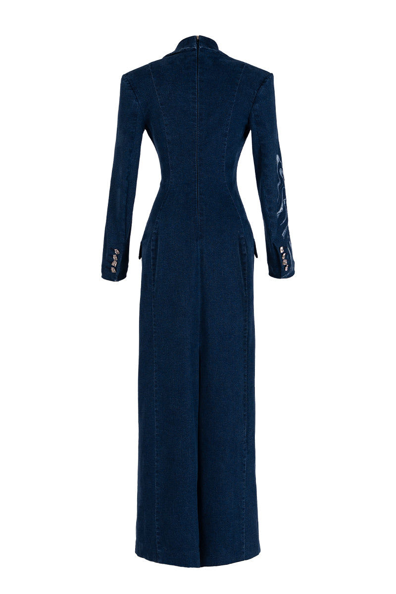tuxedo maxi dress TUXEDO DRESS WITH HAND-PAINTED PATTERN IN BLUE | CULT MIA