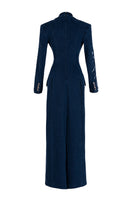 Elegant GVLUX tuxedo dress with hand-painted blue pattern, showcasing a stylish gown with intricate artistic details.