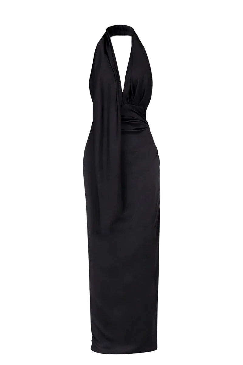 CEA BLACK SILK-SATIN BACKLESS HALTER-NECK MINI DRESS | CULT MIA | Serenity CEA BLACK SILK-SATIN BACKLESS HALTER-NECK MINI DRESS | CULT MIA | Serenity