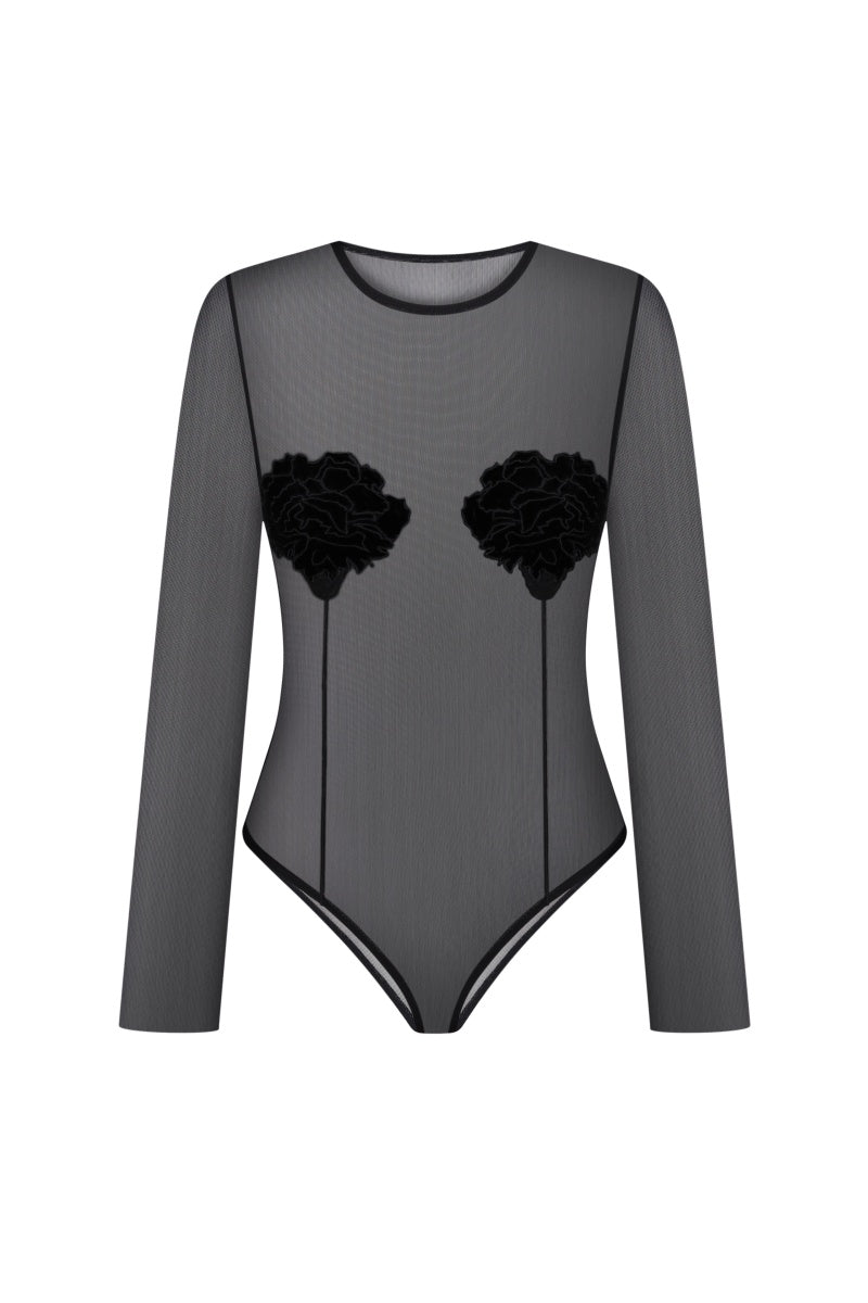 Black long sleeve embroidered top from DELEGAN, featuring detailed embroidery and a fitted shirt design.