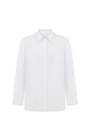 White embroidered shirt by Delegan, featuring detailed embroidery on the front and classic collar, displayed on a hanger.