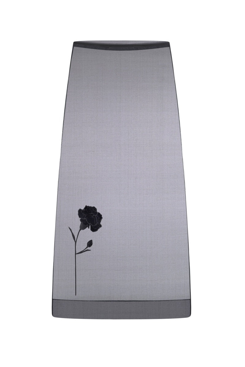 Black bluedot embroidered organza maxi dress by DELEGAN, featuring intricate embroidery, flowing fabric, and elegant design.