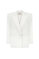 White satin lapel jacket by DELEGAN, featuring a tailored fit with smooth satin fabric and classic lapel design.