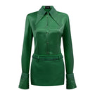 Dark green satin co-ord set featuring a matching shirt and skirt from I.H.F Studio, shown laid flat on a neutral background.