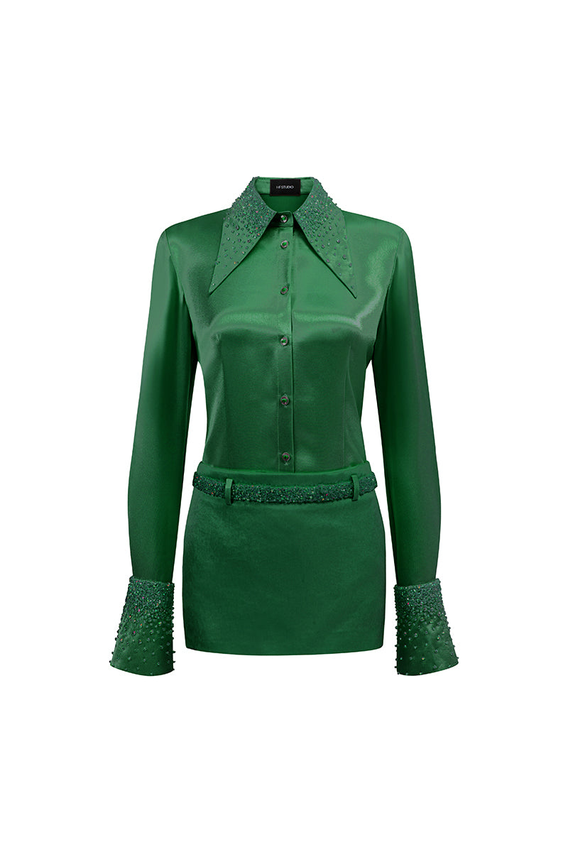 Dark green satin co-ord set featuring a matching shirt and skirt from I.H.F Studio, shown laid flat on a neutral background.