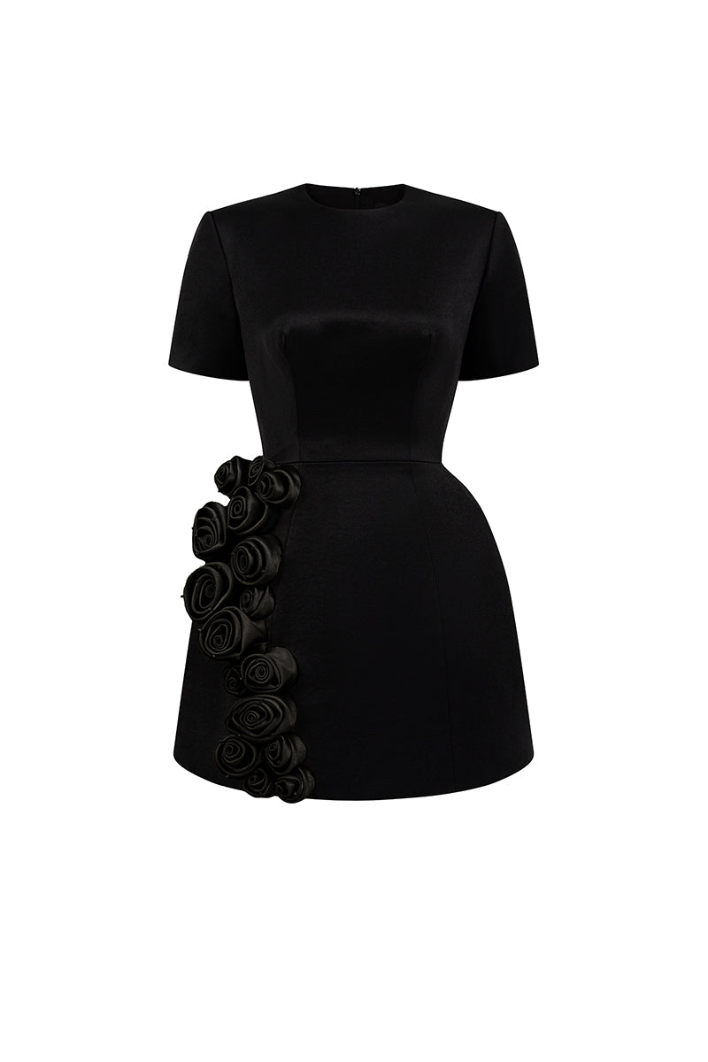 EMBROIDERED SHORT SLEEVE MINI DRESS IN BLACK - CULT MIA