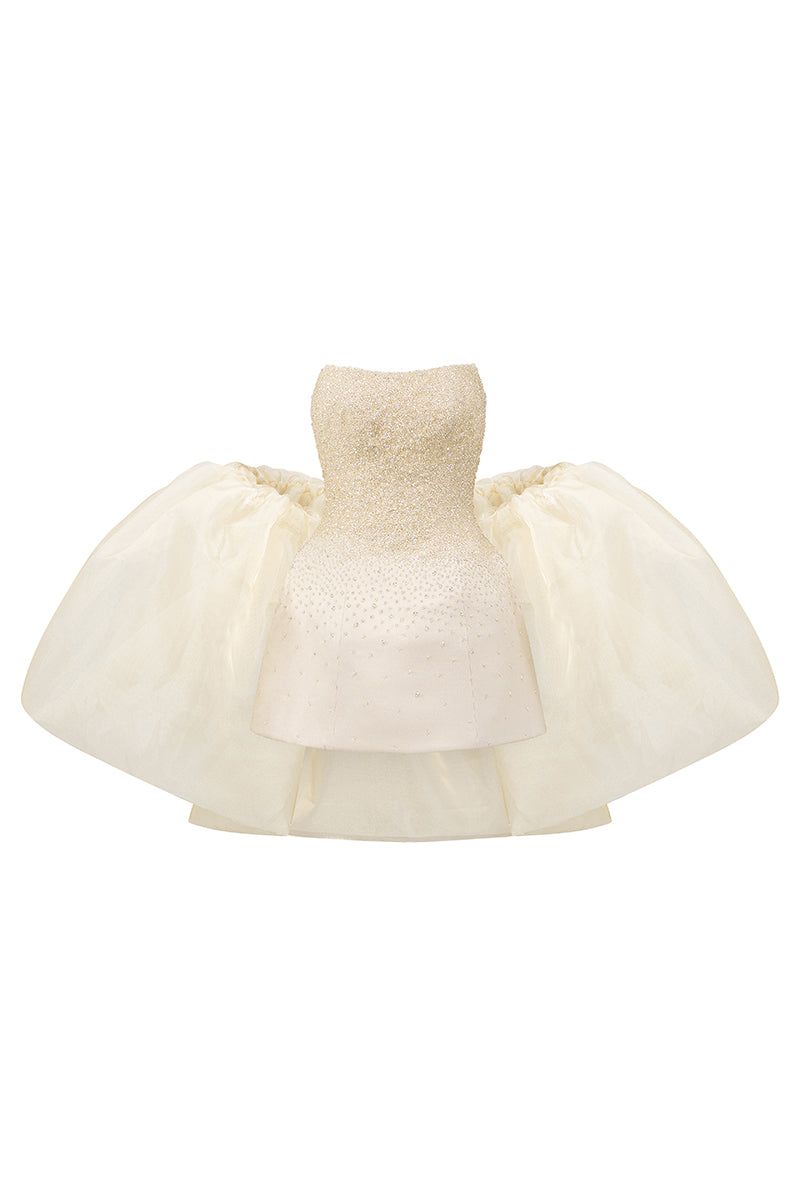 Beige beaded mini dress by I.H.F Studio featuring a fitted bustier style and intricate beadwork, perfect for elegant occasions.
