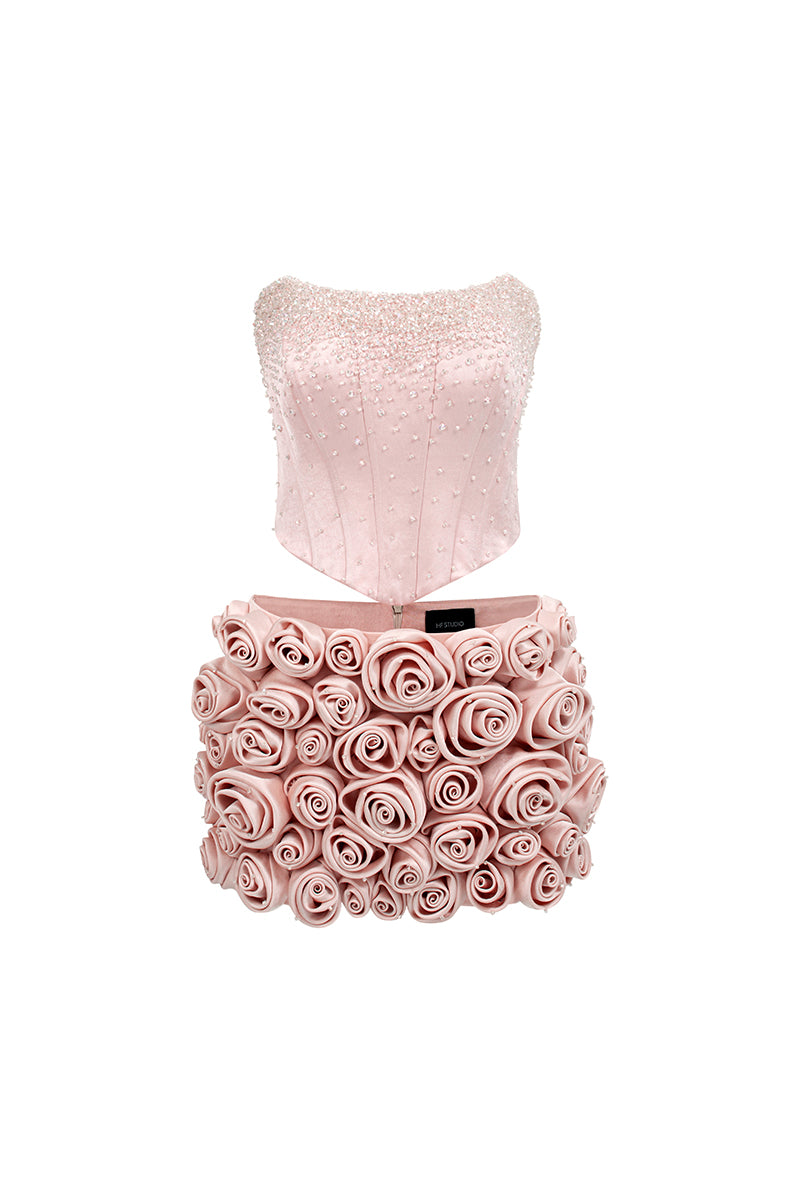 CORSET TOP AND EMBROIDERED SKIRT SET IN LIGHT PINK