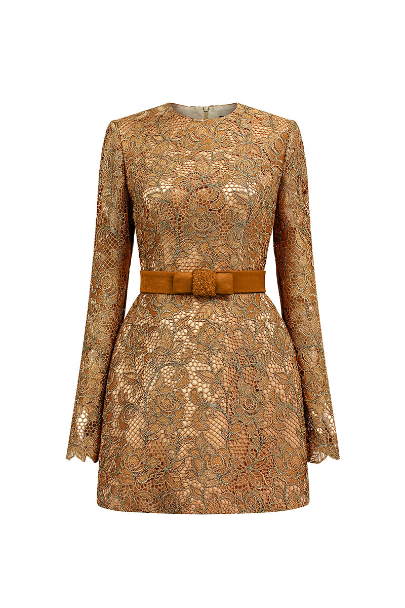 MINI-ROBE EN DENTELLE À MANCHES LONGUES MARRON