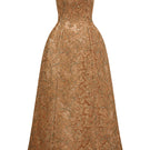 Brown lace bustier gown by I.H.F Studio featuring intricate lace details and a fitted silhouette.