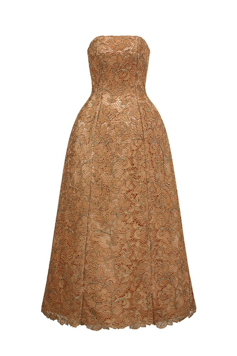 BUSTIER LACE MAXI DRESS IN BROWN