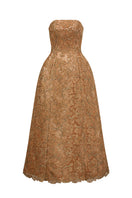 Brown lace bustier gown by I.H.F Studio featuring intricate lace details and a fitted silhouette.