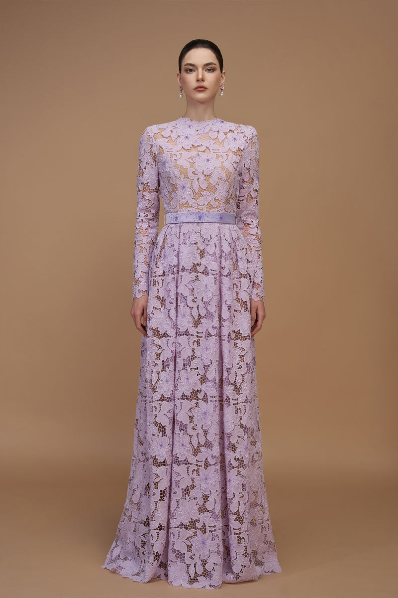 TULIPS GUIPURE LACE AND SILK TAFFETA LILAC GOWN