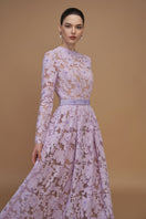Light purple tulip guipure lace and silk taffeta A-line gown with round neck and long sleeves by I.H.F.