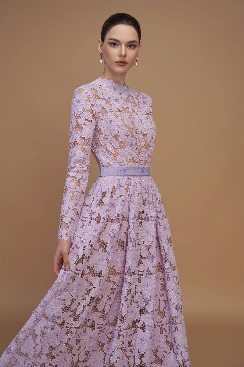 Light purple tulip guipure lace and silk taffeta A-line gown with round neck and long sleeves by I.H.F.