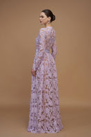 Light purple tulip guipure lace and silk taffeta A-line gown with round neck and long sleeves by I.H.F.