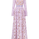 I.H.F lilac gown with tulip guipure lace, silk taffeta, A-line silhouette, round neck, long sleeves, elegant evening dress