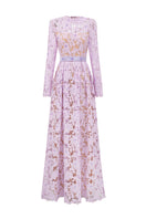 I.H.F lilac gown with tulip guipure lace, silk taffeta, A-line silhouette, round neck, long sleeves, elegant evening dress