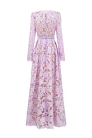 I.H.F lilac gown with tulip guipure lace, silk taffeta, A-line silhouette, round neck, long sleeves, elegant evening dress.