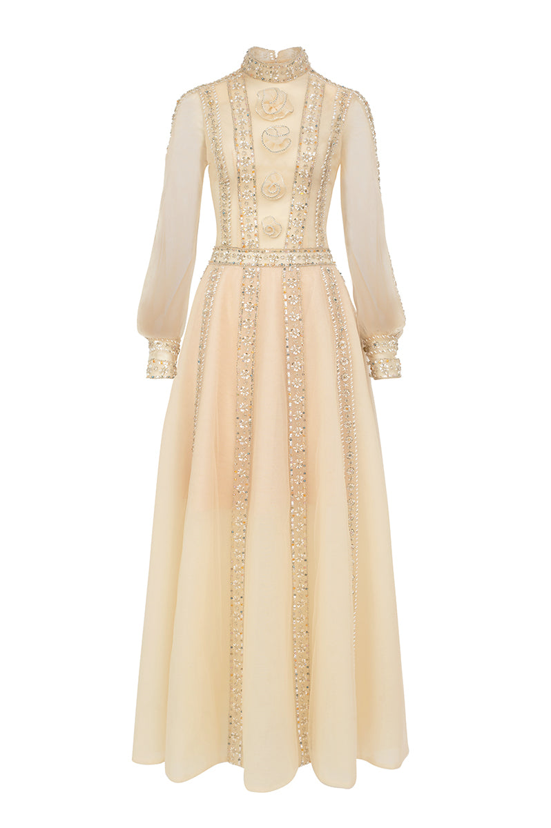 HAPPY CLOTHING A-LINE CUFF SLEEVED CHIFFON MAXI DRESS IN BEIGE