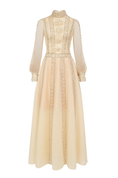 beige formal dress with sleeves A-LINE CUFF SLEEVED CHIFFON MAXI IN | CULT MIA floor Color atf-kg-03.05.25 Velvet Colors:Black 538 Ruby A-Line Draped Sleeves