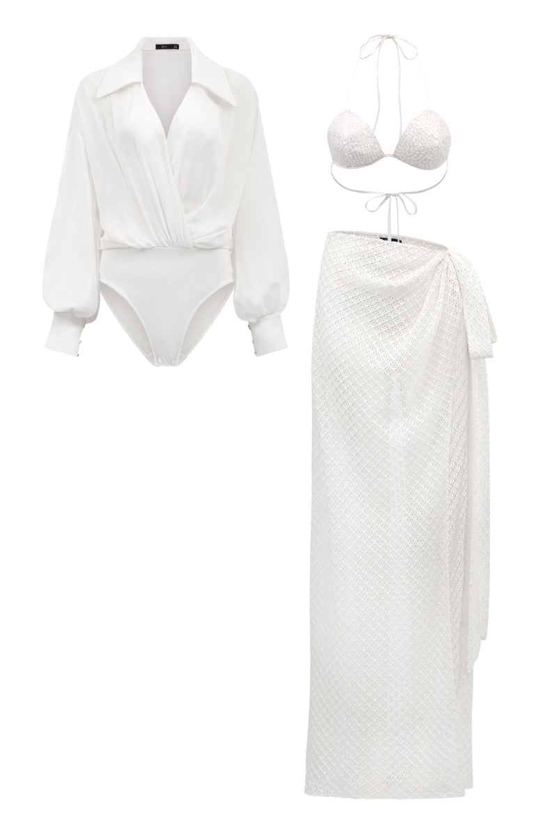 White chiffon bodysuit and Maxine bra set from 21Six, stylish co-ords featuring elegant fabric and modern design.