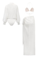 White chiffon bodysuit and Maxine bra set by 21Six, featuring a stylish co-ord with delicate fabric and matching lingerie details.