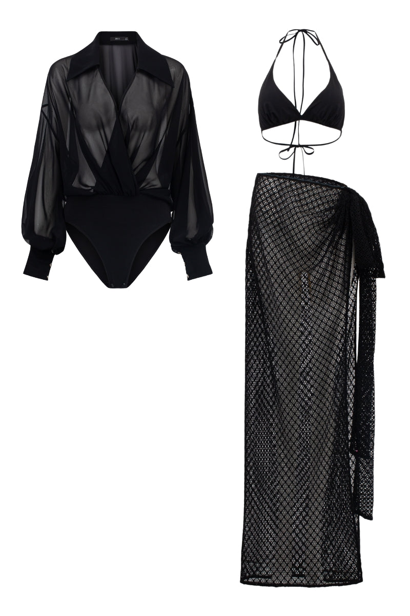 ANNE BLACK CHIFFON BODYSUIT AND SALMA BRA SET - CULT MIA