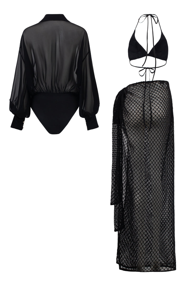 ANNE BLACK CHIFFON BODYSUIT AND SALMA BRA SET - CULT MIA