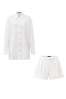 Eloise lace mixed raw shirt set by 21Six, stylish co-ords featuring a lace detail shirt and matching bottoms, shown on a model.