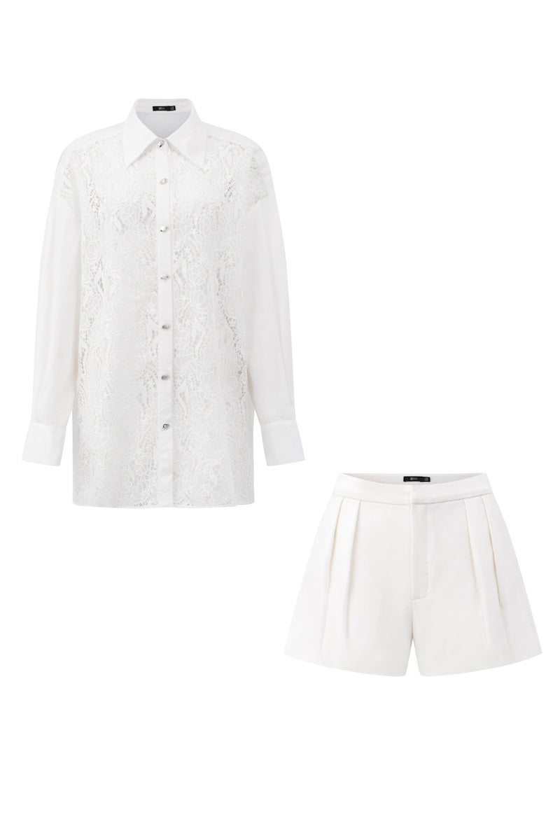 Eloise lace mixed raw shirt set by 21Six, stylish co-ords featuring a lace detail shirt and matching bottoms, shown on a model.
