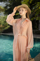 Melita Peach Fuzz silk pleated co-ords shirt and pants set by 21Six, featuring a soft peach color and elegant pleated design.