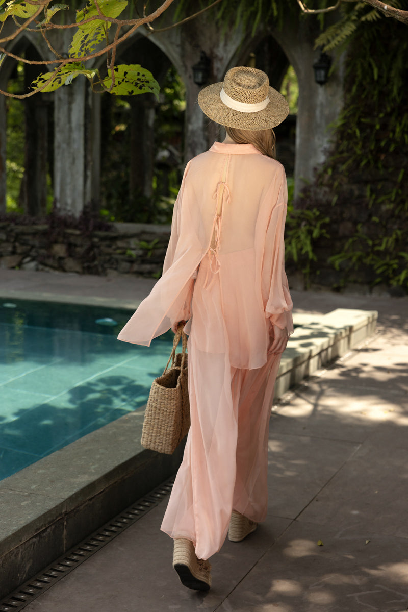 MELITA PEACH FUZZ SILK PLEATED SHIRT AND PANTS SET - CULT MIA