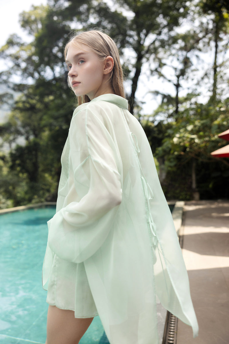 MELITA MINT SILK PLEATED SHIRT AND SHORTS SET - CULT MIA