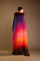 Valenciani pink printed gown with detachable ostrich feather trim cape, elegant evening dress with intricate design.