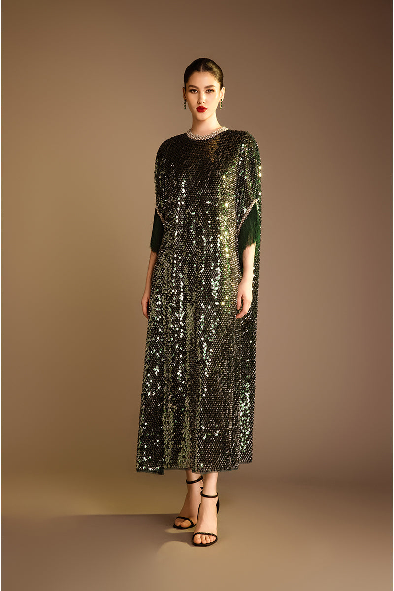Green Valenciani pearl-trimmed sequin midi dress, showcasing elegant shimmering fabric and delicate pearl accents.