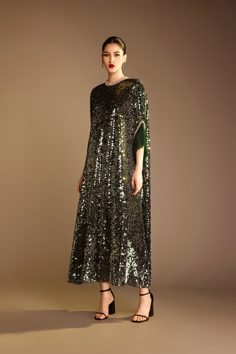 Green Valenciani pearl-trimmed sequin midi dress featuring elegant embellishments and a flowing silhouette.