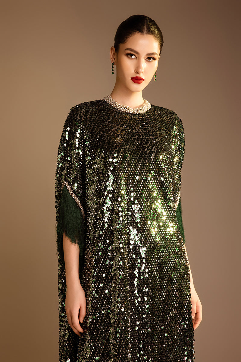 Green Valenciani pearl-trimmed sequin midi dress, elegant sleeveless design with shimmering sequins and pearl accents.