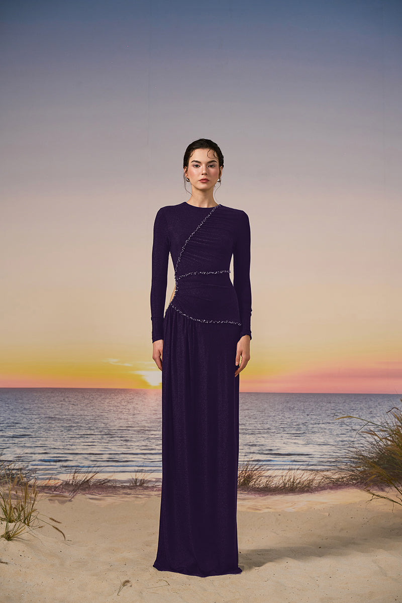 RAYA GLITTER JERSEY DRESS IN PURPLE