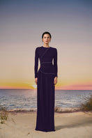 Purple glitter jersey gown by 21Six featuring a sleek, fitted design and elegant long sleeves.