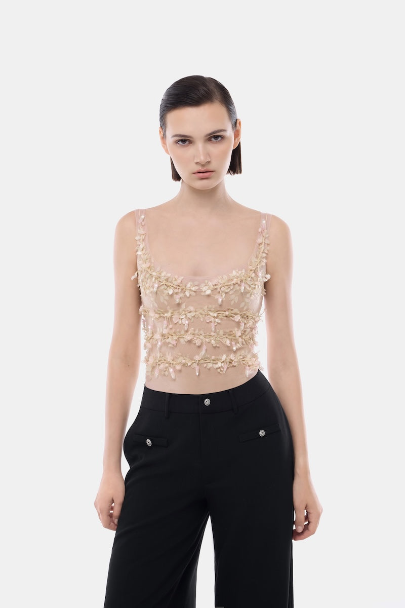 Montsand pastel flower string cami top with delicate floral print and thin straps, perfect for casual summer wear.