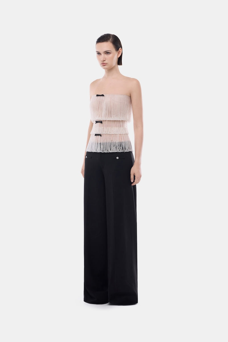 White crystal fringe tube top by Montsand featuring shimmering crystals and sleek fit, perfect for stylish summer outfits.
