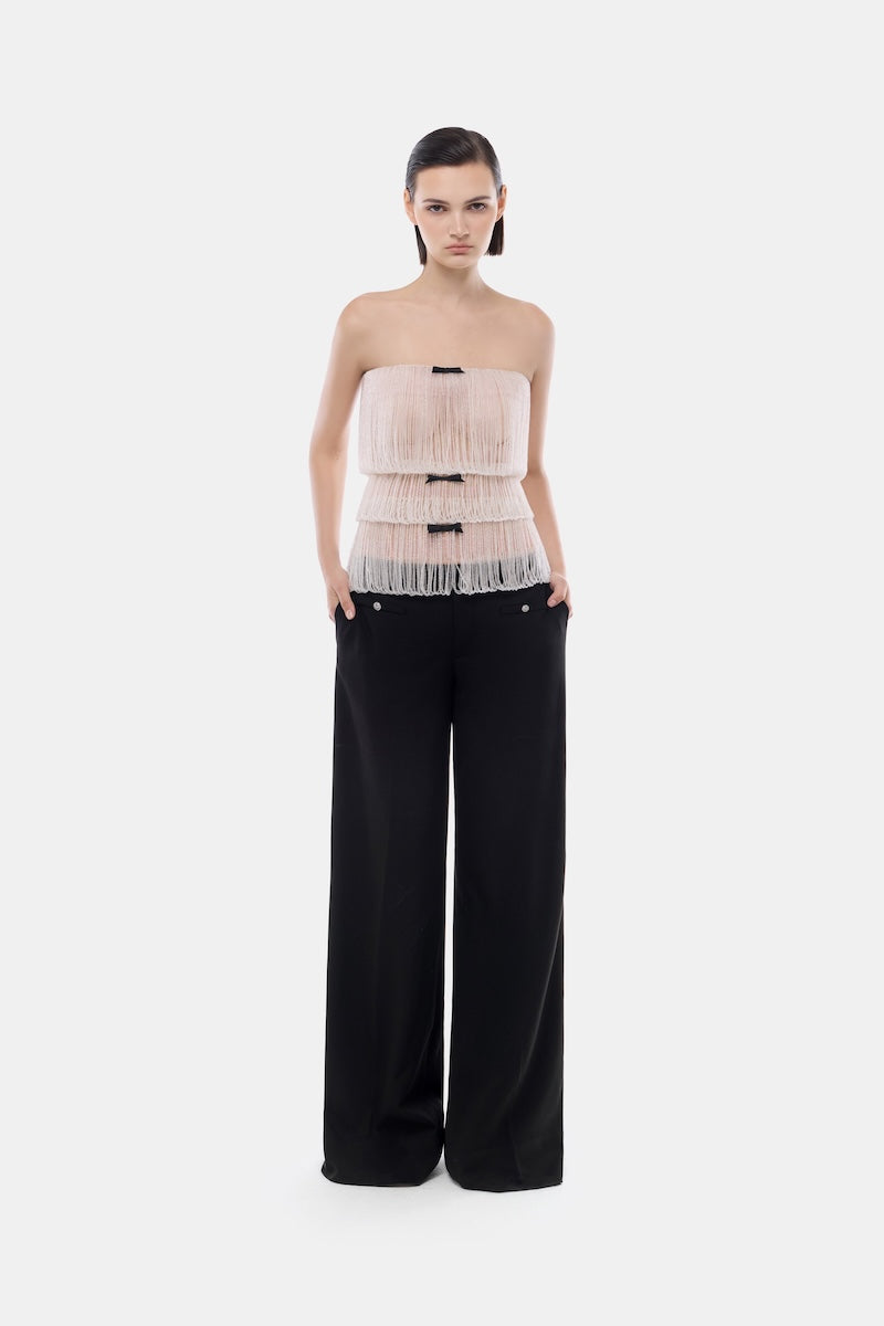 White crystal fringe tube top by Montsand, featuring shimmering crystal fringe and fitted sleeveless design for stylish summer wear.