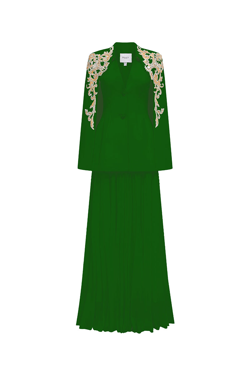 Velvet satin and chiffon gown co-ords by Tracy Studio featuring a luxurious, elegant design with flowing fabric and intricate details.