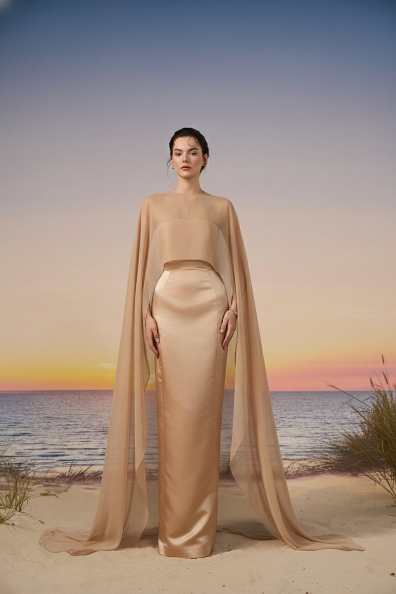 Elegant beige SIROCCO Royal Taffeta and Silk gown by 21Six, featuring flowing fabric and intricate detailing.